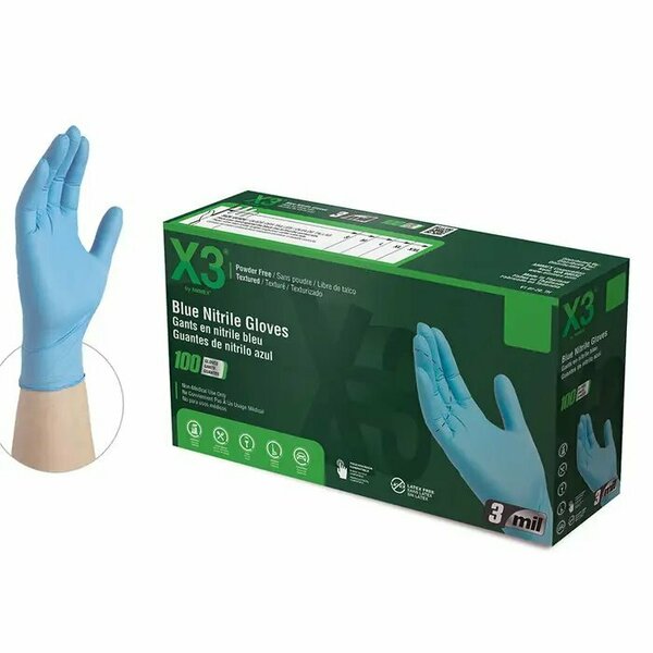 X3 X3, Nitrile Disposable Gloves, 3 mil Palm, Nitrile, Powder-Free, XL, 100 PK, Blue X348100